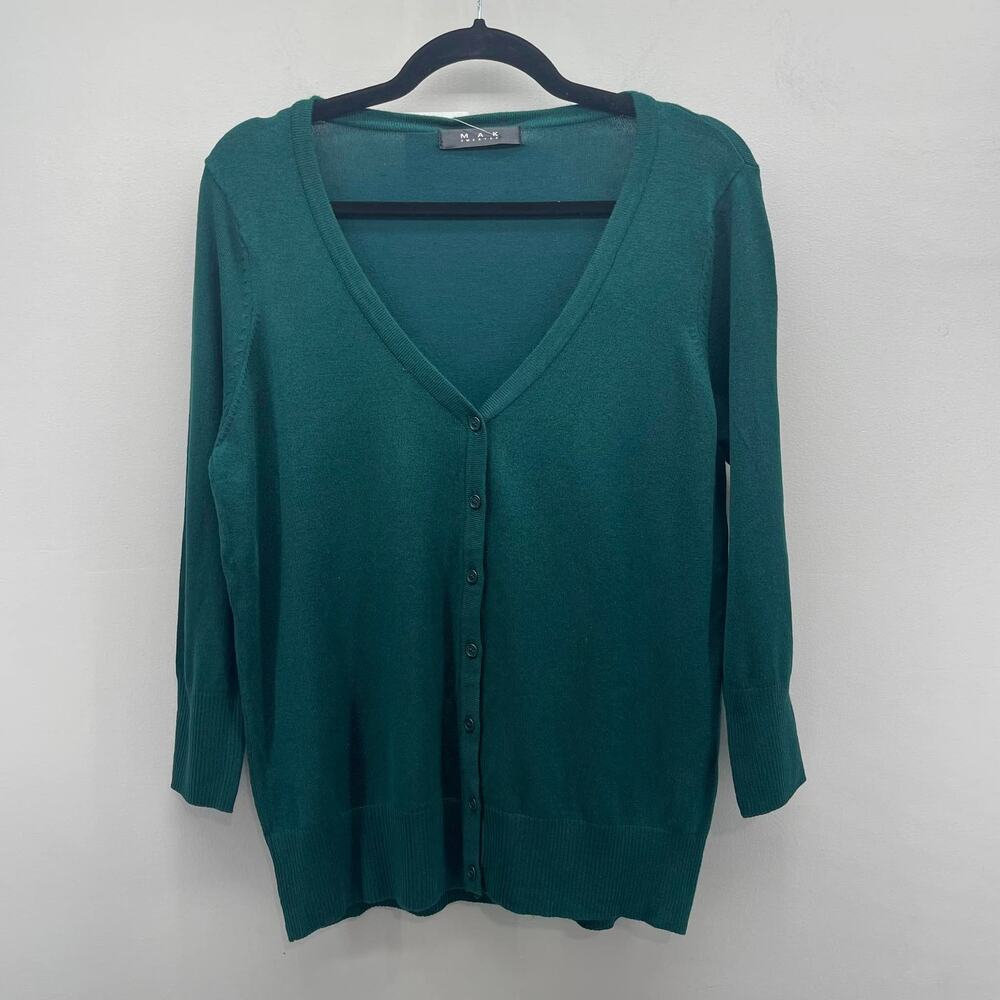 MAK Sweater Cardigan‎ Womens 1X Dark Teal Green V Neck Button Up Lightweight
